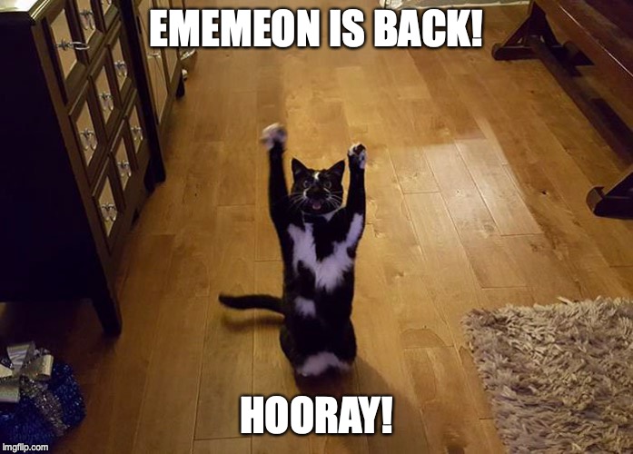 Yipeee cat | EMEMEON IS BACK! HOORAY! | image tagged in yipeee cat | made w/ Imgflip meme maker
