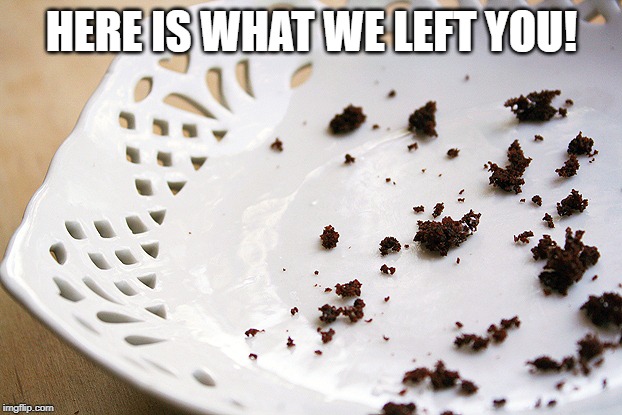 crumbs | HERE IS WHAT WE LEFT YOU! | image tagged in crumbs | made w/ Imgflip meme maker