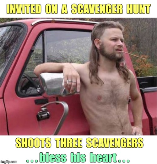 Perhaps we need to GO OVER THE RULES -- AGAIN!!! | INVITED  ON  A  SCAVENGER  HUNT; SHOOTS  THREE  SCAVENGERS; . . . bless  his  heart . . . | image tagged in hillbilly mullet,dark humor,rick75230,bless your heart | made w/ Imgflip meme maker