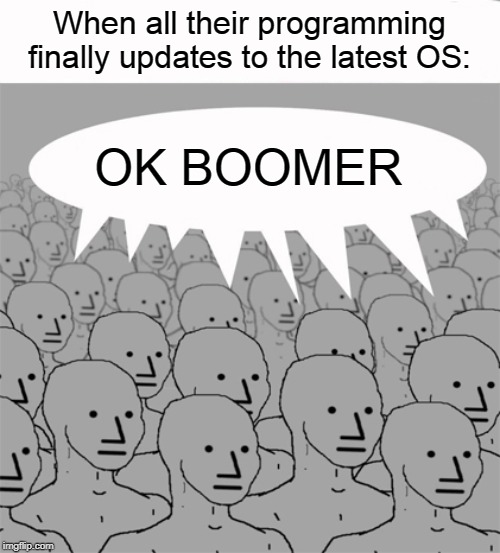 I know why they are all using this "come back" | When all their programming finally updates to the latest OS:; OK BOOMER | image tagged in npcprogramscreed,ok boomer,npc,operating system,programming,memes | made w/ Imgflip meme maker