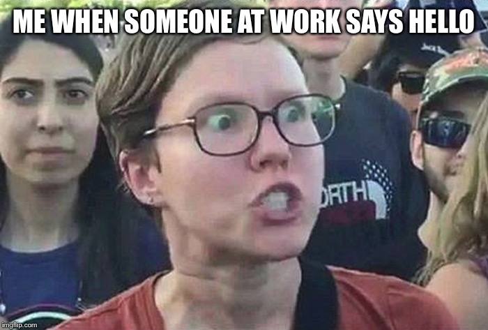 Triggered Liberal | ME WHEN SOMEONE AT WORK SAYS HELLO | image tagged in triggered liberal | made w/ Imgflip meme maker