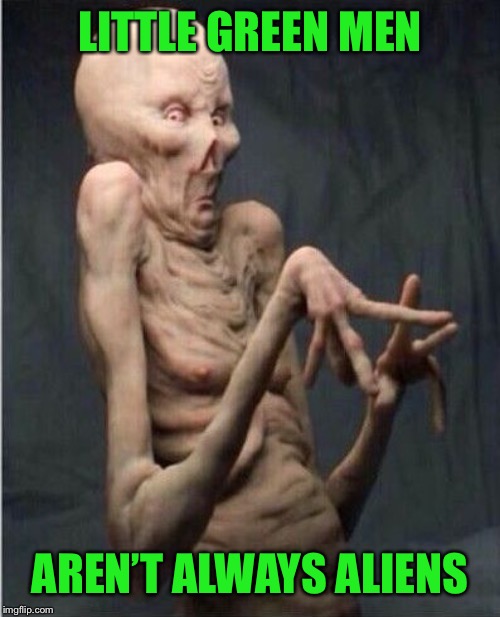 Grossed Out Alien | LITTLE GREEN MEN AREN’T ALWAYS ALIENS | image tagged in grossed out alien | made w/ Imgflip meme maker