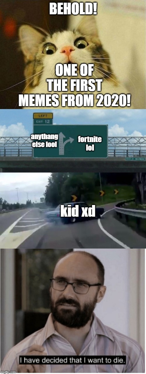 BEHOLD! ONE OF THE FIRST MEMES FROM 2020! anythang else lool; fortnite lol; kid xd | image tagged in memes,scared cat,left exit 12 off ramp,i have decided i want to die | made w/ Imgflip meme maker