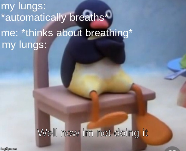 Angry pingu | my lungs: *automatically breaths*; me: *thinks about breathing*; my lungs:; Well now im not doing it | image tagged in angry pingu | made w/ Imgflip meme maker