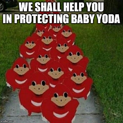Ugandan knuckles army | WE SHALL HELP YOU IN PROTECTING BABY YODA | image tagged in ugandan knuckles army | made w/ Imgflip meme maker