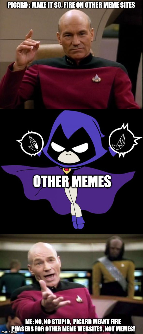 PICARD : MAKE IT SO, FIRE ON OTHER MEME SITES OTHER MEMES ME: NO, NO STUPID,  PICARD MEANT FIRE PHASERS FOR OTHER MEME WEBSITES, NOT MEMES! | image tagged in memes,picard wtf,picard make it so,teen titans go raven | made w/ Imgflip meme maker