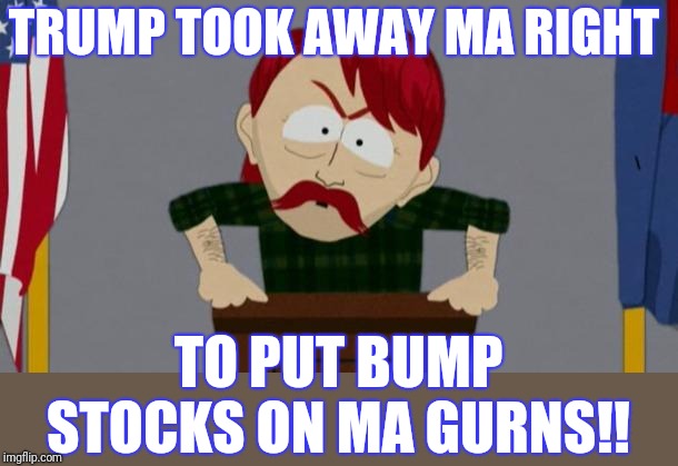 They took our jobs stance (South Park) | TRUMP TOOK AWAY MA RIGHT TO PUT BUMP STOCKS ON MA GURNS!! | image tagged in they took our jobs stance south park | made w/ Imgflip meme maker