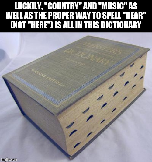 Dictionary | LUCKILY, "COUNTRY" AND "MUSIC" AS WELL AS THE PROPER WAY TO SPELL "HEAR" (NOT "HERE") IS ALL IN THIS DICTIONARY | image tagged in dictionary | made w/ Imgflip meme maker