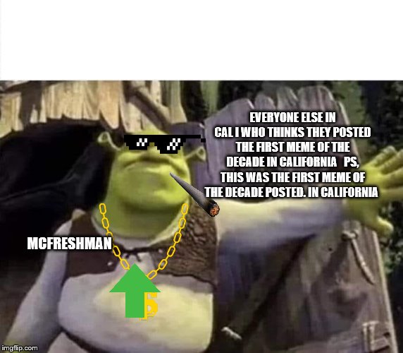 Shrek opens the door | EVERYONE ELSE IN CAL I WHO THINKS THEY POSTED THE FIRST MEME OF THE DECADE IN CALIFORNIA   PS, THIS WAS THE FIRST MEME OF THE DECADE POSTED. IN CALIFORNIA; MCFRESHMAN | image tagged in shrek opens the door | made w/ Imgflip meme maker