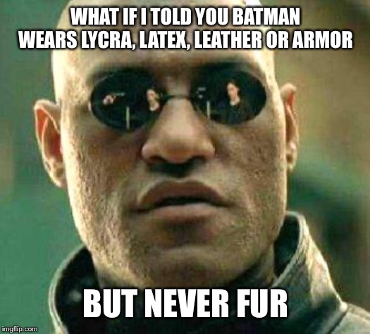 What if i told you | WHAT IF I TOLD YOU BATMAN WEARS LYCRA, LATEX, LEATHER OR ARMOR BUT NEVER FUR | image tagged in what if i told you | made w/ Imgflip meme maker