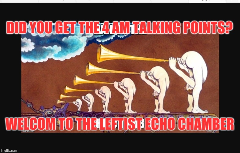 Hail to the leftest echo chamber | DID YOU GET THE 4 AM TALKING POINTS? WELCOM TO THE LEFTIST ECHO CHAMBER | image tagged in hail to the leftest echo chamber | made w/ Imgflip meme maker