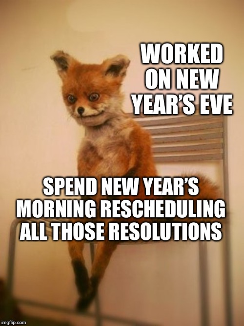 Exhausted fox | WORKED ON NEW YEAR’S EVE; SPEND NEW YEAR’S MORNING RESCHEDULING ALL THOSE RESOLUTIONS | image tagged in exhausted fox | made w/ Imgflip meme maker