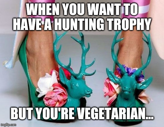 Hunting vegetarian | WHEN YOU WANT TO HAVE A HUNTING TROPHY; BUT YOU'RE VEGETARIAN... | image tagged in hunting,trophy,deer,shoes,vegetarian,creativity | made w/ Imgflip meme maker