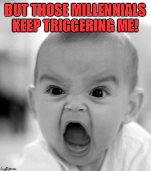 Angry Baby Meme | BUT THOSE MILLENNIALS KEEP TRIGGERING ME! | image tagged in memes,angry baby | made w/ Imgflip meme maker