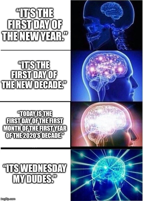 What day is it? | “IT’S THE FIRST DAY OF THE NEW YEAR.”; “IT’S THE FIRST DAY OF THE NEW DECADE.”; “TODAY IS THE FIRST DAY OF THE FIRST MONTH OF THE FIRST YEAR OF THE 2020’S DECADE.”; “ITS WEDNESDAY MY DUDES.” | image tagged in memes,expanding brain | made w/ Imgflip meme maker