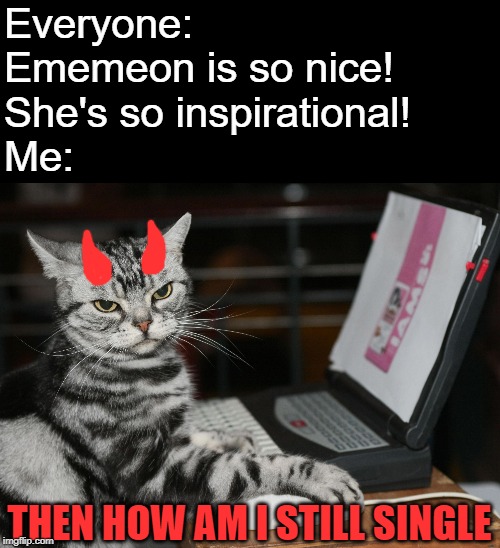 I like the compliments, thank you for them, but sometimes I do wonder... | Everyone:
Ememeon is so nice!
She's so inspirational!
Me:; THEN HOW AM I STILL SINGLE | image tagged in sassy cat,lonely,cat,single life | made w/ Imgflip meme maker