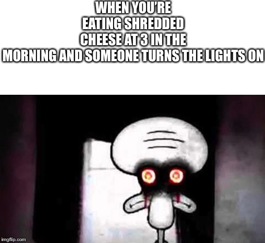 -_- | WHEN YOU’RE EATING SHREDDED CHEESE AT 3 IN THE MORNING AND SOMEONE TURNS THE LIGHTS ON | image tagged in blank white template,scary squidward | made w/ Imgflip meme maker