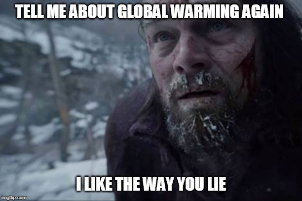 Cold leonardo revenant | TELL ME ABOUT GLOBAL WARMING AGAIN; I LIKE THE WAY YOU LIE | image tagged in cold leonardo revenant | made w/ Imgflip meme maker
