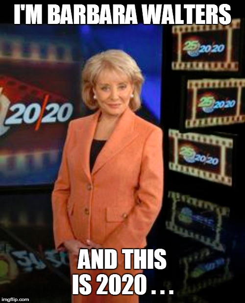 I'M BARBARA WALTERS; AND THIS IS 2020 . . . | image tagged in funny memes,bad pun,lol so funny,happy new year,new year,too funny | made w/ Imgflip meme maker