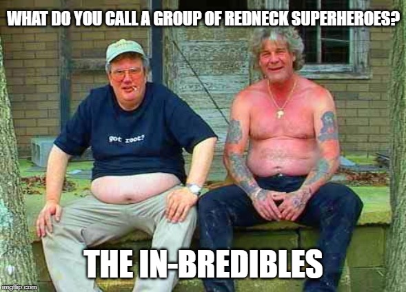 Like to See Those Comics | WHAT DO YOU CALL A GROUP OF REDNECK SUPERHEROES? THE IN-BREDIBLES | image tagged in redneck school2 | made w/ Imgflip meme maker