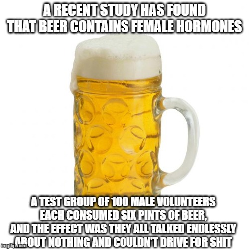 Bitch Beer | A RECENT STUDY HAS FOUND THAT BEER CONTAINS FEMALE HORMONES; A TEST GROUP OF 100 MALE VOLUNTEERS EACH CONSUMED SIX PINTS OF BEER, AND THE EFFECT WAS THEY ALL TALKED ENDLESSLY ABOUT NOTHING AND COULDN’T DRIVE FOR SHIT | image tagged in beer | made w/ Imgflip meme maker