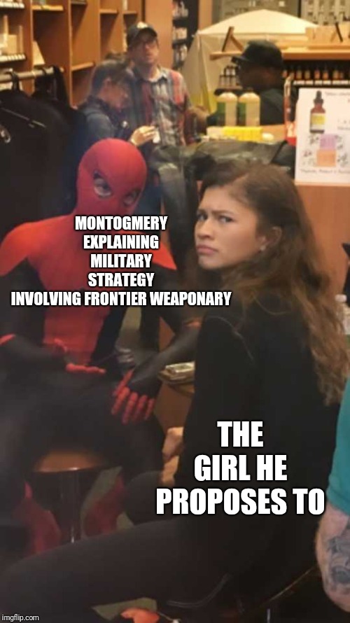 Perplexed zendaya | MONTOGMERY EXPLAINING MILITARY STRATEGY INVOLVING FRONTIER WEAPONARY; THE GIRL HE PROPOSES TO | image tagged in perplexed zendaya,HistoryMemes | made w/ Imgflip meme maker