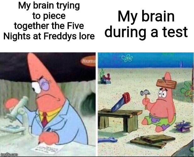 Thonk | My brain trying to piece together the Five Nights at Freddys lore; My brain during a test | image tagged in smart patrick dumb patrick,fnaf lore,test | made w/ Imgflip meme maker