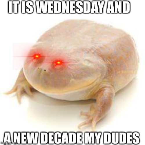 Wednesday Frog Blank | IT IS WEDNESDAY AND; A NEW DECADE MY DUDES | image tagged in wednesday frog blank | made w/ Imgflip meme maker
