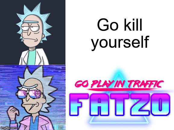 I think I really outdid myself with this 80's Rick template | Go kill yourself | image tagged in 80's rick,rick and morty,80's,80s,retro,tuxedo winnie the pooh | made w/ Imgflip meme maker