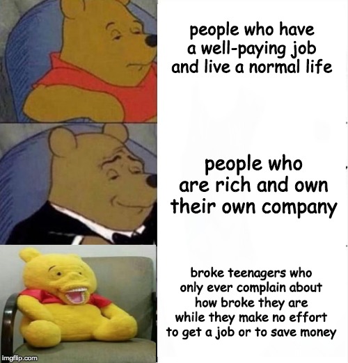 money money money | people who have a well-paying job and live a normal life; people who are rich and own their own company; broke teenagers who only ever complain about how broke they are while they make no effort to get a job or to save money | image tagged in money,memes,funny,shit,tuxedo winnie the pooh | made w/ Imgflip meme maker