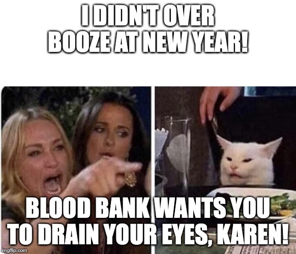 Angry Woman and Cat | I DIDN'T OVER BOOZE AT NEW YEAR! BLOOD BANK WANTS YOU TO DRAIN YOUR EYES, KAREN! | image tagged in angry woman and cat | made w/ Imgflip meme maker