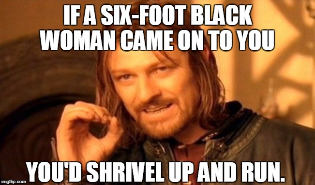 One Does Not Simply Meme | IF A SIX-FOOT BLACK WOMAN CAME ON TO YOU YOU'D SHRIVEL UP AND RUN. | image tagged in memes,one does not simply | made w/ Imgflip meme maker