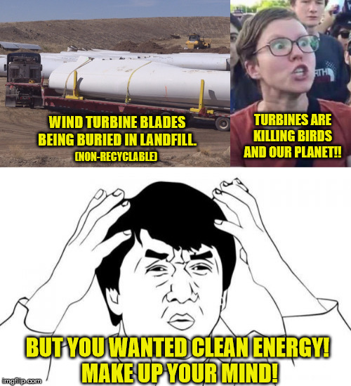 When PC tries to drive science. | TURBINES ARE KILLING BIRDS AND OUR PLANET!! WIND TURBINE BLADES BEING BURIED IN LANDFILL. (NON-RECYCLABLE); BUT YOU WANTED CLEAN ENERGY! 
MAKE UP YOUR MIND! | image tagged in memes,angry liberal,liberal logic,renewable energy,maga | made w/ Imgflip meme maker