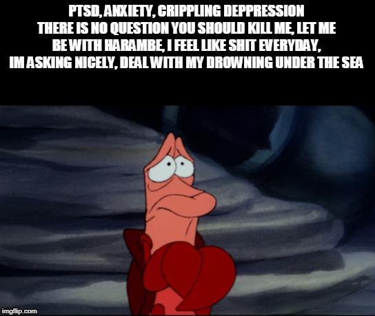 Well this is akward and depressing | PTSD, ANXIETY, CRIPPLING DEPPRESSION THERE IS NO QUESTION YOU SHOULD KILL ME, LET ME BE WITH HARAMBE, I FEEL LIKE SHIT EVERYDAY, IM ASKING NICELY, DEAL WITH MY DROWNING UNDER THE SEA | image tagged in sad | made w/ Imgflip meme maker