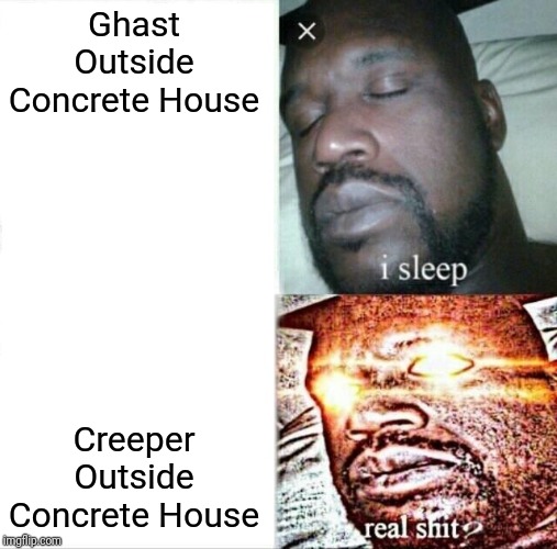 Sleeping Shaq Meme | Ghast Outside Concrete House; Creeper Outside Concrete House | image tagged in memes,sleeping shaq | made w/ Imgflip meme maker