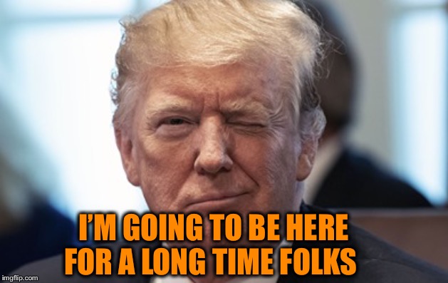 Trump wink | I’M GOING TO BE HERE FOR A LONG TIME FOLKS | image tagged in trump wink | made w/ Imgflip meme maker