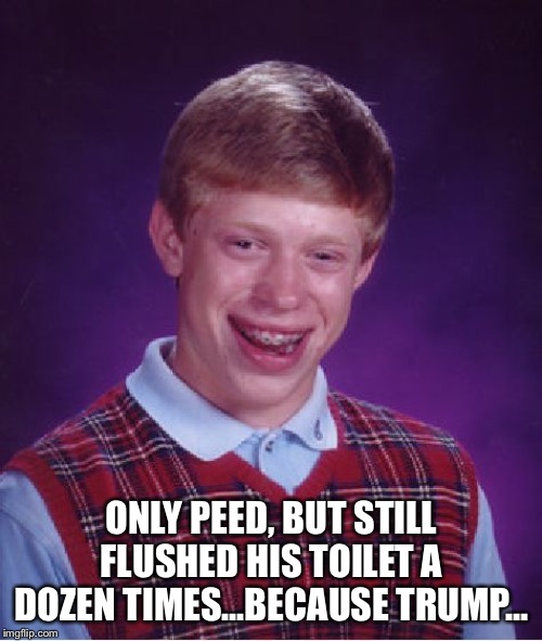 Bad Luck Brian Meme | ONLY PEED, BUT STILL FLUSHED HIS TOILET A DOZEN TIMES...BECAUSE TRUMP... | image tagged in memes,bad luck brian | made w/ Imgflip meme maker