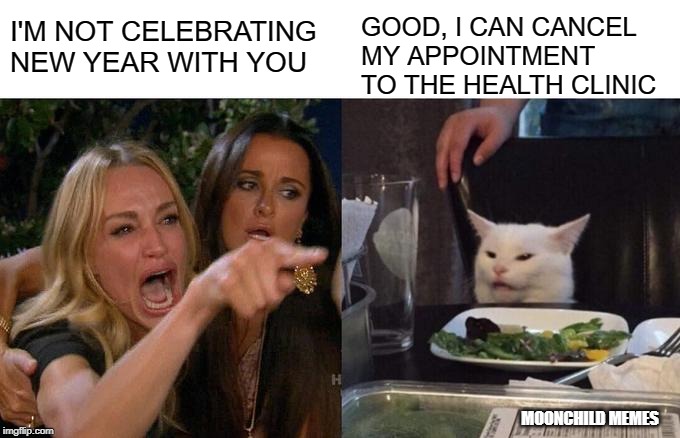 Woman Yelling At Cat | I'M NOT CELEBRATING NEW YEAR WITH YOU; GOOD, I CAN CANCEL MY APPOINTMENT TO THE HEALTH CLINIC; MOONCHILD MEMES | image tagged in memes,woman yelling at cat | made w/ Imgflip meme maker