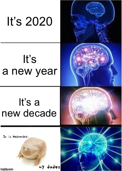 All I care about is the fact that the first day of the year is a wednesday | It’s 2020; It’s a new year; It’s a new decade | image tagged in memes,expanding brain,its wednesday my dudes,happy new year | made w/ Imgflip meme maker