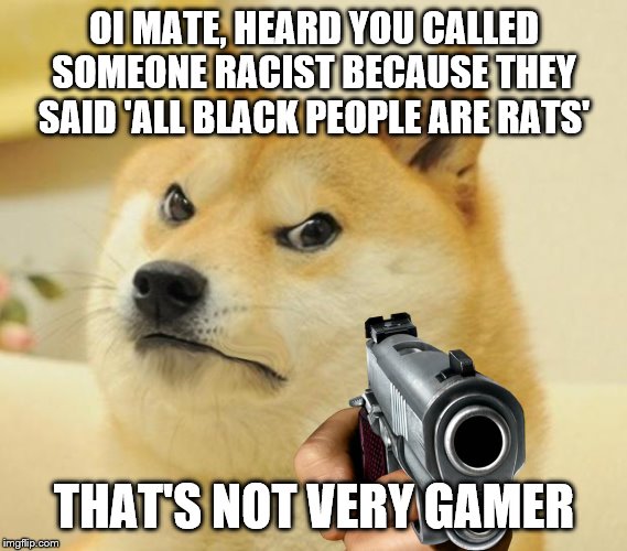 Mad doge | OI MATE, HEARD YOU CALLED SOMEONE RACIST BECAUSE THEY SAID 'ALL BLACK PEOPLE ARE RATS' THAT'S NOT VERY GAMER | image tagged in mad doge | made w/ Imgflip meme maker