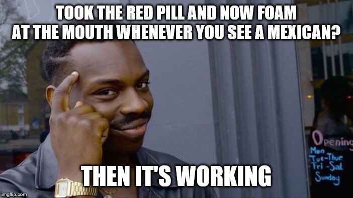 Roll Safe Think About It Meme | TOOK THE RED PILL AND NOW FOAM AT THE MOUTH WHENEVER YOU SEE A MEXICAN? THEN IT'S WORKING | image tagged in memes,roll safe think about it | made w/ Imgflip meme maker