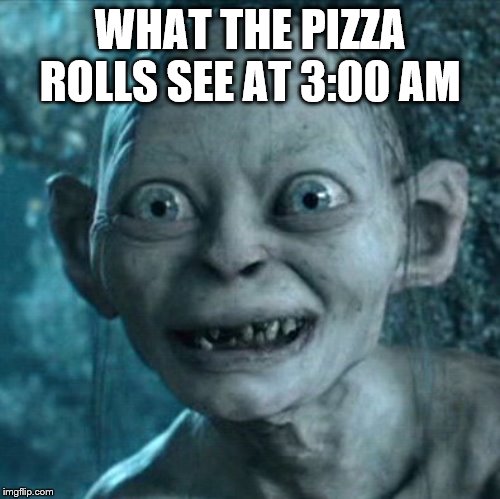 Gollum Meme | WHAT THE PIZZA ROLLS SEE AT 3:00 AM | image tagged in memes,gollum | made w/ Imgflip meme maker