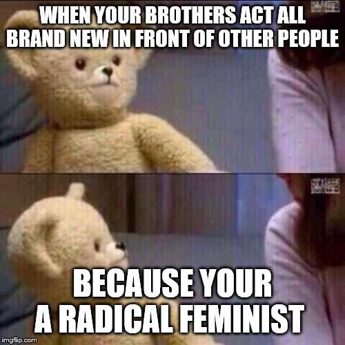 shocked bear | WHEN YOUR BROTHERS ACT ALL BRAND NEW IN FRONT OF OTHER PEOPLE; BECAUSE YOUR A RADICAL FEMINIST | image tagged in shocked bear | made w/ Imgflip meme maker