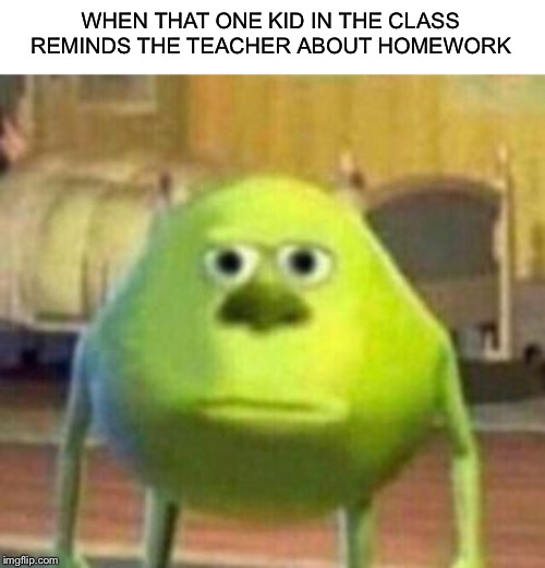 sully wazowski | WHEN THAT ONE KID IN THE CLASS REMINDS THE TEACHER ABOUT HOMEWORK | image tagged in e | made w/ Imgflip meme maker