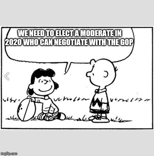 Charlie Brown football | WE NEED TO ELECT A MODERATE IN 2020 WHO CAN NEGOTIATE WITH THE GOP | image tagged in charlie brown football | made w/ Imgflip meme maker