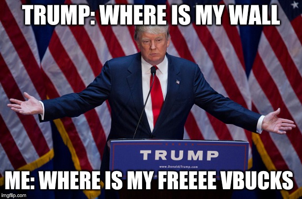 Donald Trump | TRUMP: WHERE IS MY WALL; ME: WHERE IS MY FREEEE VBUCKS | image tagged in donald trump | made w/ Imgflip meme maker