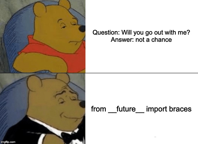 Tuxedo Winnie The Pooh Meme | Question: Will you go out with me?


Answer: not a chance; from __future__ import braces | image tagged in memes,tuxedo winnie the pooh | made w/ Imgflip meme maker