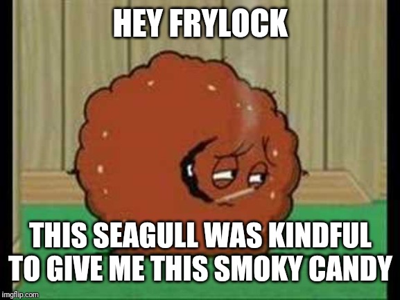 Meatwad smoking  | HEY FRYLOCK THIS SEAGULL WAS KINDFUL TO GIVE ME THIS SMOKY CANDY | image tagged in meatwad smoking | made w/ Imgflip meme maker