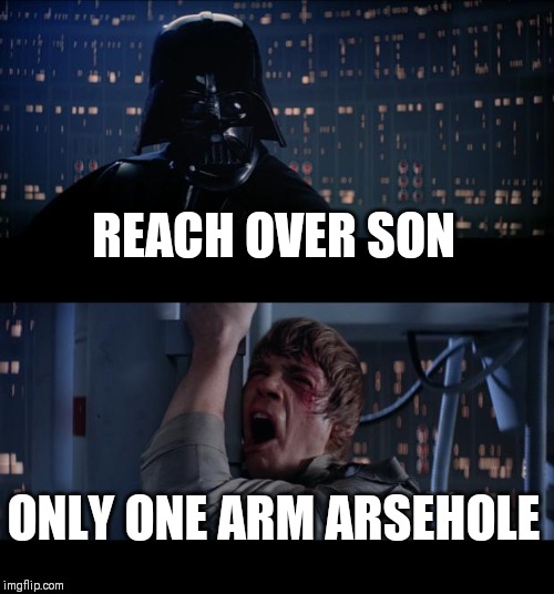 Star Wars No Meme | REACH OVER SON; ONLY ONE ARM ARSEHOLE | image tagged in memes,star wars no | made w/ Imgflip meme maker