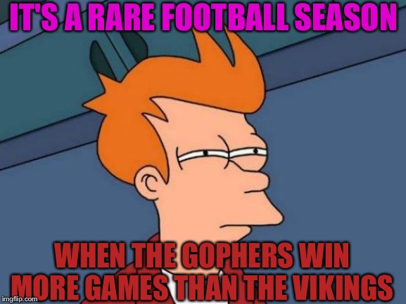 Gophers 11-2, Vikings 10-6 | IT'S A RARE FOOTBALL SEASON; WHEN THE GOPHERS WIN MORE GAMES THAN THE VIKINGS | image tagged in memes,futurama fry | made w/ Imgflip meme maker